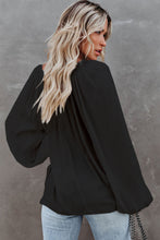 Load image into Gallery viewer, Black Tie V Neck Pleated Puff Sleeve Satin Blouse | Tops/Blouses &amp; Shirts
