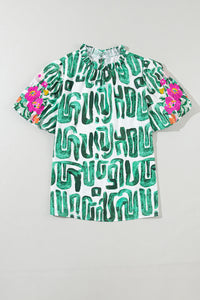 Puff Sleeve Top | Blackish Green Embroidered Frilled Printed Top