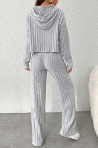 Wide Leg Pants Set | Gray Ribbed Knit Slouchy Hoodie