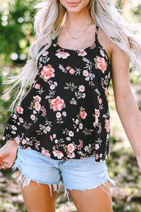 Black Floral Spaghetti Straps Strappy Back Tank Top | Tops/Tank Tops