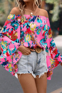 Rose Abstract Floral Print Off-shoulder Bell Sleeve Blouse | Tops/Blouses & Shirts