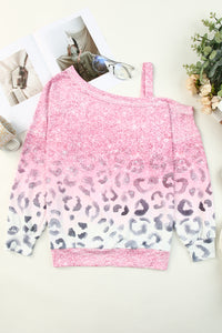 Pink Leopard Patchwork One Shoulder Long Sleeve Top | Sale (50% OFF)/30% OFF