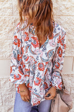 Load image into Gallery viewer, Fiery Red Split Neck Bubble Sleeve Floral Patchwork Blouse
