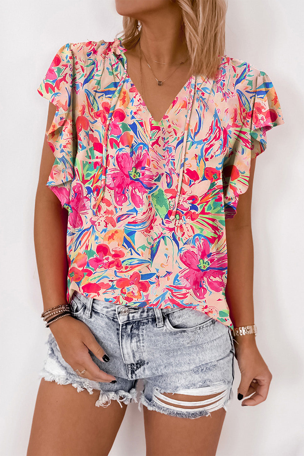 Multicolour Floral Ruffled Sleeve V Neck Summer Blouse | Tops/Blouses & Shirts