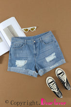 Load image into Gallery viewer, Distressed Ripped Rolled Hem Sky Blue Denim Shorts | Bottoms/Denim Shorts
