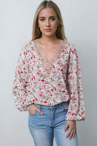 V-Neck Blouse | White Floral Long Sleeve Lace