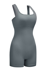 Gray Ribbed Square Neck Padded Sports Romper | Activewear/Yoga Jumpsuits