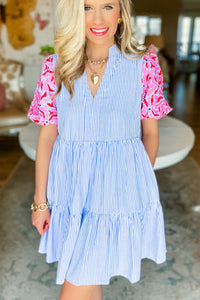 Puff Sleeve Dress | Sky Blue Stripe Contrast Floral Ruffle Dress