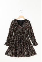 Load image into Gallery viewer, Black Floral Print V Neck Ruffled Puff Sleeve Mini Dress
