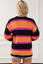 Load image into Gallery viewer, Black Striped Colorblock Drop Shoulder Slouchy Cardigan | Tops/Sweaters &amp; Cardigans
