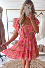 Load image into Gallery viewer, Pink Floral Square Neck Ruffle Sleeve Tiered Dress | Dresses/Floral Dresses
