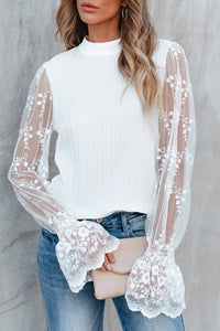 White Lace Sleeve Top | Contrast Lace Mock Neck Blouse