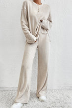 Load image into Gallery viewer, Beige Ribbed Drop Shoulder Henley Top Wide Leg Pants Set | Two Piece Sets/Pant Sets
