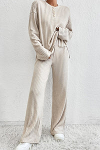 Beige Ribbed Drop Shoulder Henley Top Wide Leg Pants Set | Two Piece Sets/Pant Sets