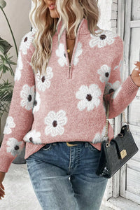 Flower Half Zip Long Sleeve Sweater