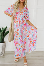 Load image into Gallery viewer, Multicolor Tropical Floral Print Ruched V Neck Maxi Dress | Dresses/Floral Dresses
