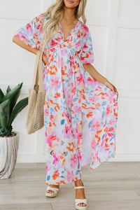 Multicolor Tropical Floral Print Ruched V Neck Maxi Dress | Dresses/Floral Dresses