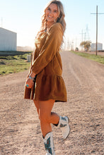 Load image into Gallery viewer, Chestnut Square Neck Puff Sleeve Tiered Corduroy Mini Dress
