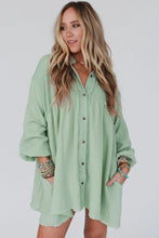 Load image into Gallery viewer, Puff Sleeve Dress | Green Patchwork Crinkle Shirt Dress
