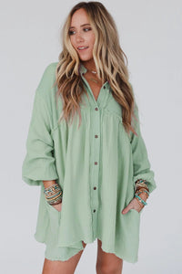 Puff Sleeve Dress | Green Patchwork Crinkle Shirt Dress