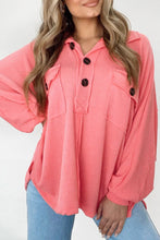 Load image into Gallery viewer, Pink Corded Flap Pocket Henley Top | Tops/Long Sleeve Tops
