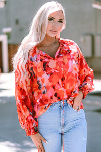 Womens Blouse | Fiery Red Floral Print Split Neck Tassel Tie Blouse | Tops/Blouses & Shirts