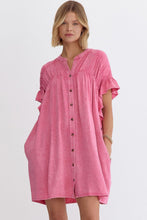 Load image into Gallery viewer, Pink Ruffled Short Sleeve Buttoned Denim Mini Dress | Dresses/Mini Dresses
