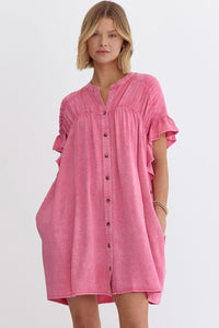 Pink Ruffled Short Sleeve Buttoned Denim Mini Dress | Dresses/Mini Dresses