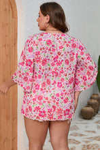 Load image into Gallery viewer, Pink Floral Ruffled Half Sleeve V-Neck Plus Size Blouse | Plus Size/Plus Size Tops/Plus Size Blouses &amp; Shirts
