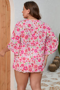 Pink Floral Ruffled Half Sleeve V-Neck Plus Size Blouse | Plus Size/Plus Size Tops/Plus Size Blouses & Shirts