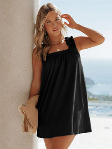 Wide Strap Dress | Frill Pocketed Square Neck Dress