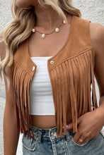 Load image into Gallery viewer, Camel Fringed Snap Button Front Suedette Vest | Outerwear/Jackets
