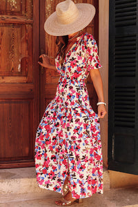 White Floral Print Short Sleeve Buttoned Split Maxi Dress | Dresses/Floral Dresses