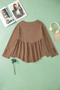 Brown Solid Color Ribbed Long Sleeve Peplum Blouse