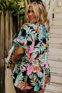 Ruffled Sleeve Top | Black Plus Tropical Print Blouse