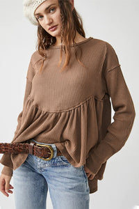 Brown Solid Color Ribbed Long Sleeve Peplum Blouse