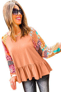 Orange Boho Paisley Mix Print Raglan Sleeve Ruffled Blouse | Tops/Blouses & Shirts