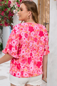 Rose Floral Print Ruffled Half Sleeve Plus Size Babydoll Blouse | Plus Size/Plus Size Tops/Plus Size Blouses & Shirts