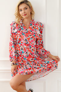 Multicolour Ruffle Split Neck Floral Long Sleeve Dress | Dresses/Floral Dresses