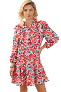 Multicolour Ruffle Split Neck Floral Long Sleeve Dress | Dresses/Floral Dresses