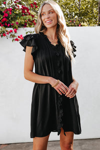 Black Ruffle Sleeve V Neck Frilled Shift Dress | Dresses/Mini Dresses