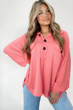 Load image into Gallery viewer, Pink Corded Flap Pocket Henley Top | Tops/Long Sleeve Tops
