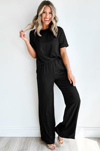 Wide Leg Pants Set | Black Solid Color T Shirt 2 Piece Set