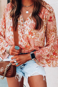 V Neck Bodysuit | Orange Floral Print Ruffled Bell Sleeve