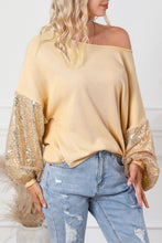 Load image into Gallery viewer, Waffle Knit Top | Apricot Sequin Patchwork Sleeve Open Back
