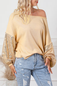 Waffle Knit Top | Apricot Sequin Patchwork Sleeve Open Back