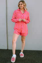 Load image into Gallery viewer, Shorts Set | Orange Striped Print Collared Neck Shirt
