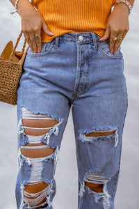 Sky Blue Heavy Destroyed Big Hole Boyfriend Jeans | Bottoms/Jeans