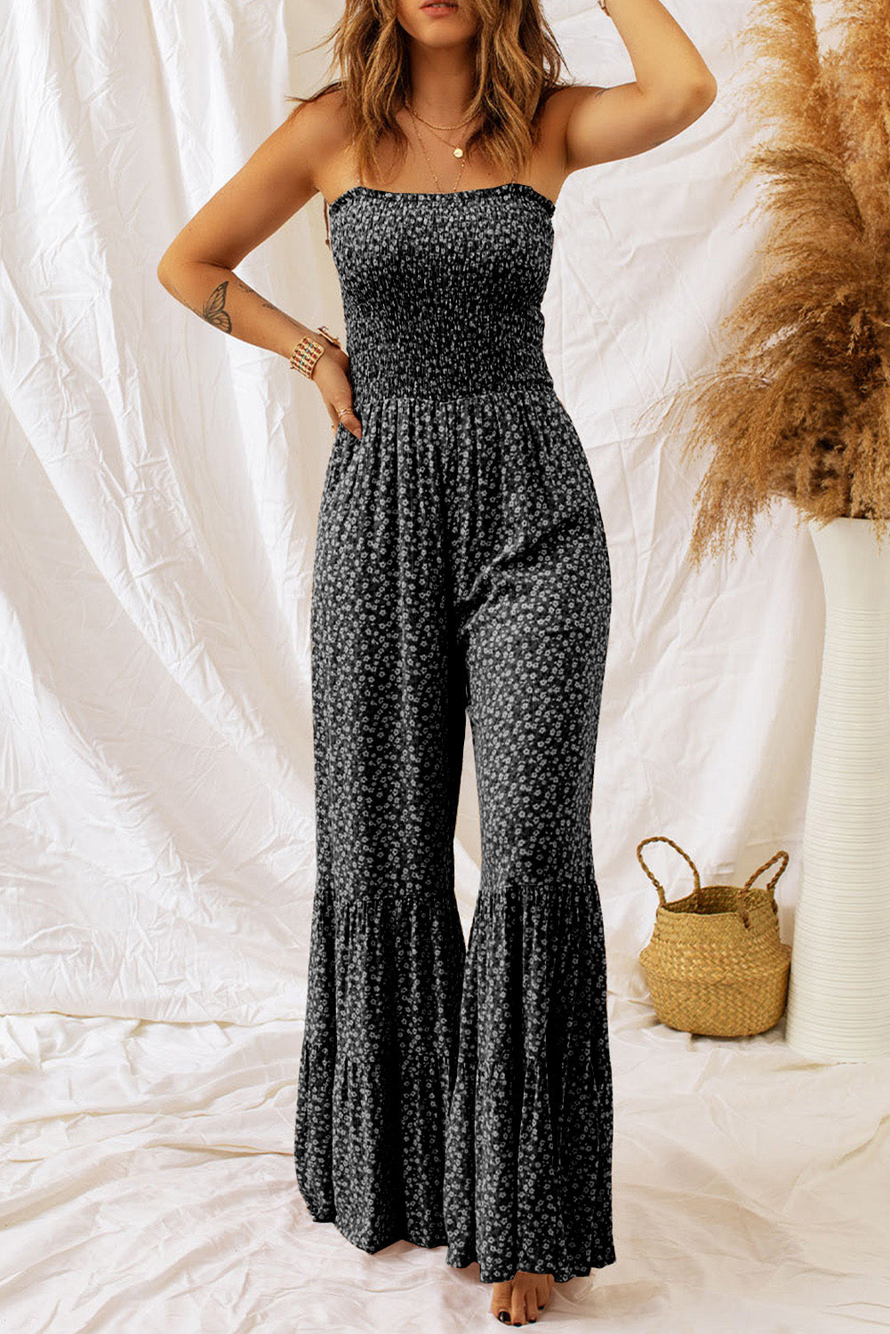 Black Thin Straps Smocked Bodice Wide Leg Floral Jumpsuit | Bottoms/Jumpsuits & Rompers