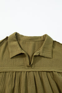 Puff Sleeve Dress | Green Frayed Trim Flared Dress